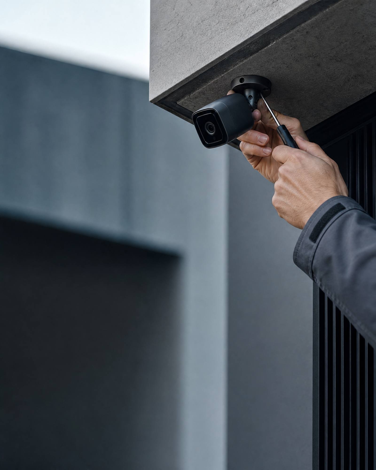 Técnico instalando uma câmera de segurança em um imóvel